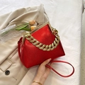 Red textured PU clasp bag with gold chain handle and slim shoulder strap - Red