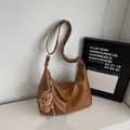 Minimalist brown half-moon crossbody bag with a cute plush bear charm in soft matte leather - Brown (With Pendant)