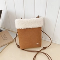 Brown suede crossbody bag with white faux shearling trim and slim leather shoulder strap - Brown No Pendant