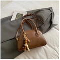 Brown vintage Boston pillow bag in premium leather with colorful wooden bead charm - Brown