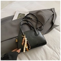 Retro black leather bowling bag with wooden bead charm and elegant shoulder strap - Black