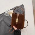 Vintage dark brown suede bucket bag with leather handles and gold metal clasp for women - No Pendant / Brown