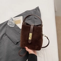 Vintage dark brown suede bucket bag with gold buckle and crossbody strap detail - No Pendant / Coffee
