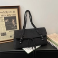 Retro black faux suede tote bag with woven shoulder straps and fringe detail - Black