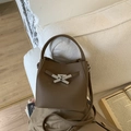 Brown litchi grain leather bucket bag with silver X-shaped twist lock and top handle - No Pendant / Brown