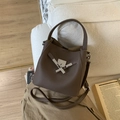 Retro chocolate bucket bag with silver buckle and detachable shoulder strap in grainy leather - No Pendant / Brown