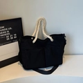 Bolso tote grande de pana negra con asas de cuerda y correa de hombro para invierno - Negro