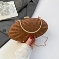 Brown pleated oval clutch with gold handle, crystal clasp and metal chain strap - Brown