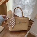Vintage khaki woven handbag with polka dot scarf detail and crossbody strap for women - Khaki