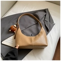 Khaki woven pattern tote bag in crescent shape with a cute plush charm accessory - Khaki (With Pendant)