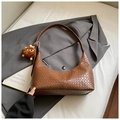 Deep brown woven leather hobo shoulder bag with cute plush monster charm accessory - Brown (With Pendant)