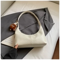 Cream white woven leather hobo shoulder bag with a cute brown plush monster charm - White (With Pendant)