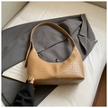 Chic light brown woven leather hobo shoulder bag with a soft texture and wide strap - Khaki (Without Charm)