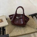 Deep burgundy glossy synthetic leather handbag with silver metal twist lock and dual handles - Red (No Pendant)
