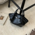 Minimalist black wrinkled leather bucket bag with silver metal buckle closure - Black without Pendant