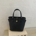 Minimalist black litchi grain leather tote bag with gold buckle and top handles - Black without Pendant