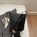 Minimalist black PU leather bucket handbag with gold hardware and flap closure - Black without Pendant