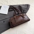 Retro dark brown leather underarm bowling bag with gold zipper and matte finish - No Pendant / Brown