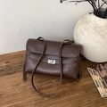 Brown vintage faux leather handbag featuring white contrast stitching and silver twist lock - No Pendant / Coffee