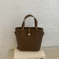 Minimalist brown litchi pattern bucket bag with gold hardware and double handles - Brown No Pendant