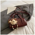 Deep red shiny leather bowling handbag with plush bear charm and detachable strap - With Charm Style / Red with Pendant