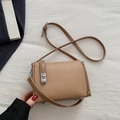 Minimalist khaki brown crossbody square bag with lychee leather texture and silver buckle - Khaki