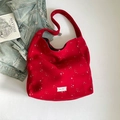 Grand sac bandoulière rouge à motif étoiles avec écusson brodé et texture tricot - Rouge