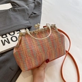 Mehrfarbige Retro-Sticktasche aus Tweed mit Goldverschluss und orangem Trageriemen - Orange