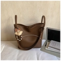 Brown leather tote bag with unique silver zipper detail and plush bear pendant - Coffee with Pendant