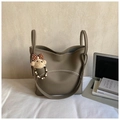 Beige faux leather tote bag with litchi texture and a cute teddy bear charm - Gray With Pendant