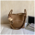 Brown faux leather tote bag with pebble texture and cute plush bear charm decoration - Brown with Pendant