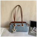 Retro denim tote bag with brown leather trim and a shiny silver star pendant charm - Brown with Pendant