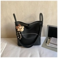 Black large-capacity leather tote bag with round handles and a cute plush bear charm - Black with Pendant