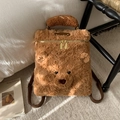 Zaino peluche a forma di orsetto marrone con manico baguette e cerniere dorate lucide - Marrone
