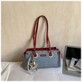 Fashionable grey denim shoulder bag with red leather trim and silver star charm - Red with Pendant