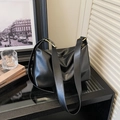 Retro black matte leather shoulder bag with wide strap and golden metal buckle details - Black