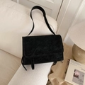 Retro black faux suede square messenger bag with decorative flap straps in 2025 style - No Pendant / Black