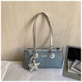 Blue denim baguette shoulder bag with silver star charm and metallic fashion plaque - Silver (With Pendant)