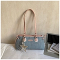 Blue denim tote bag with pink leather straps and a silver star pendant charm - Pink with Pendant