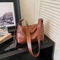Chic caramel brown pleated tote bag with adjustable wide shoulder strap and gold buckle - Brown