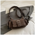 Retro dark brown underarm bag with multi-pocket design and adjustable shoulder strap - No Pendant / Brown