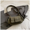 Vintage olive green multi-pocket shoulder bag in matte leather with metallic buckle details - No Pendant / Green