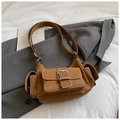 Brown retro underarm bag with white contrast stitching and side pockets in matte finish - No Pendant / Brown