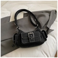 Black vintage crescent shoulder bag with utility pockets and contrast stitching detail - No Pendant / Black