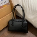 Detail of minimalist black leather rectangular bag with sleek dual zipper closure - Black