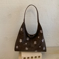 Deep brown tote bag with white snowflake patterns and soft suede finish - No Pendant / Brown
