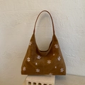 Brown suede hobo shoulder bag featuring white snowflake embroidery and leather strap - No Pendant / Brown