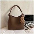 Deep brown lychee pattern leather shoulder bag with a cute plush bear charm - Coffee with Pendant