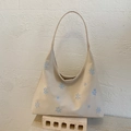 Chic cream white shoulder bag with light blue snowflake embroidery for winter fashion - No Pendant / White