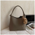 Classic tan lychee grain leather tote bag with cute plush bear charm for daily commute - Gray With Pendant